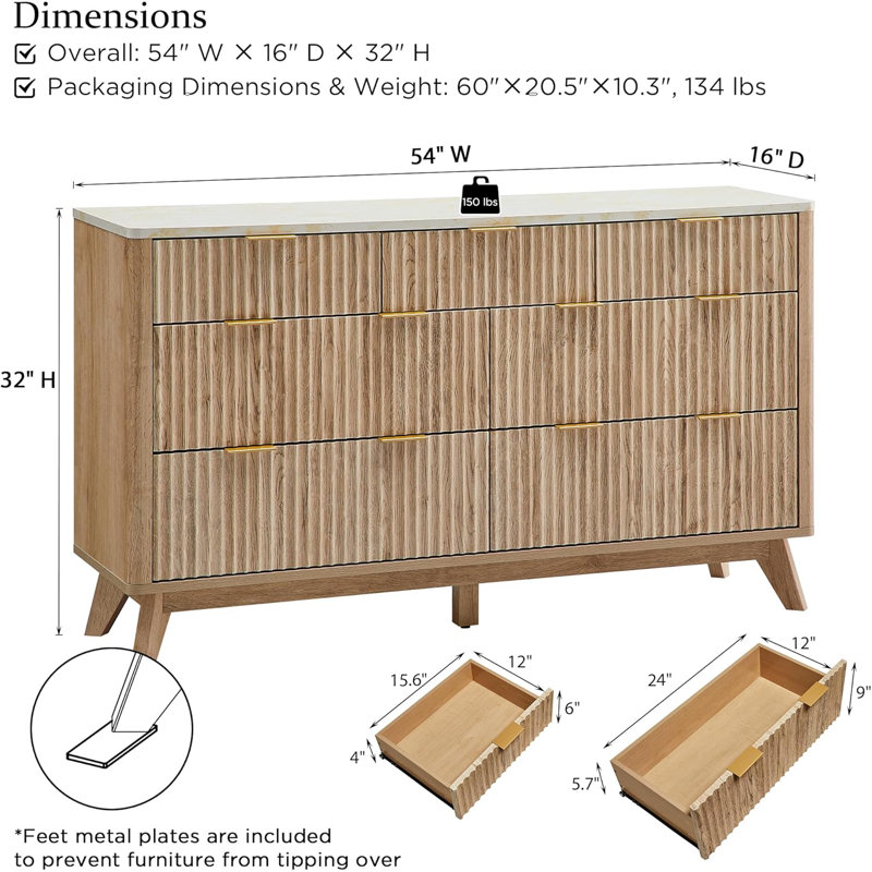 7-Drawer Storage Dresser With Fluted Design, Natural Oak