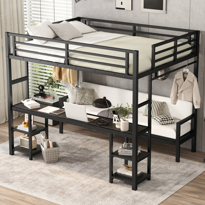 Queen over twin xl metal bunk/loft bed with desk, shelves, sofa, led light & usb charger, black finish