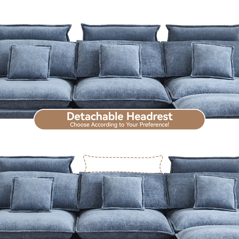 103" W Oversized L-Shaped Cloud Sectional with Ottoman & Headrest, Blue Chenille, 3