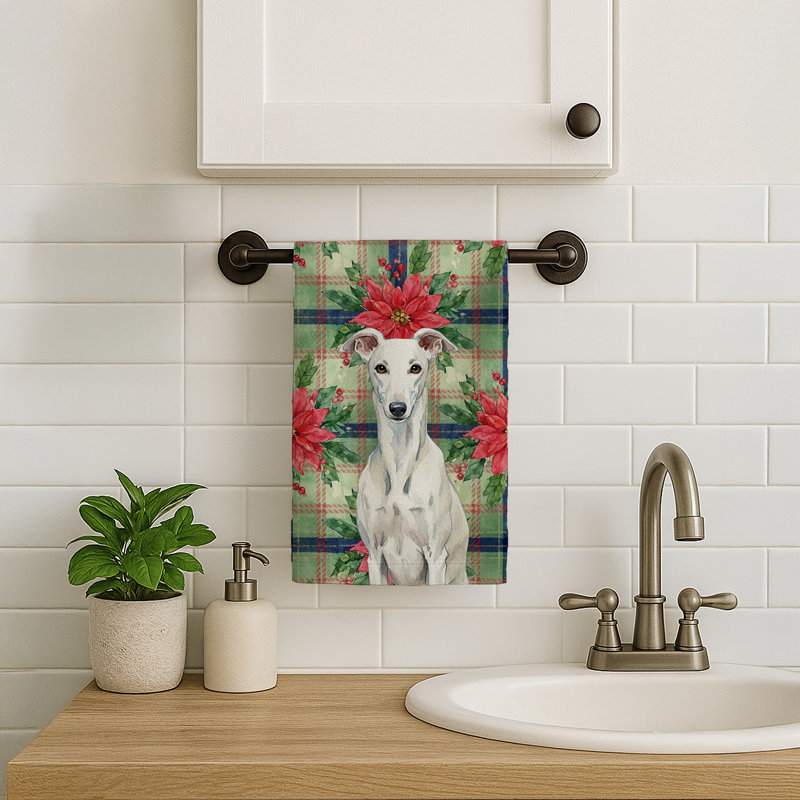 White Greyhound Christmas PoinsettIas Kitchen Towel, White Greyhound