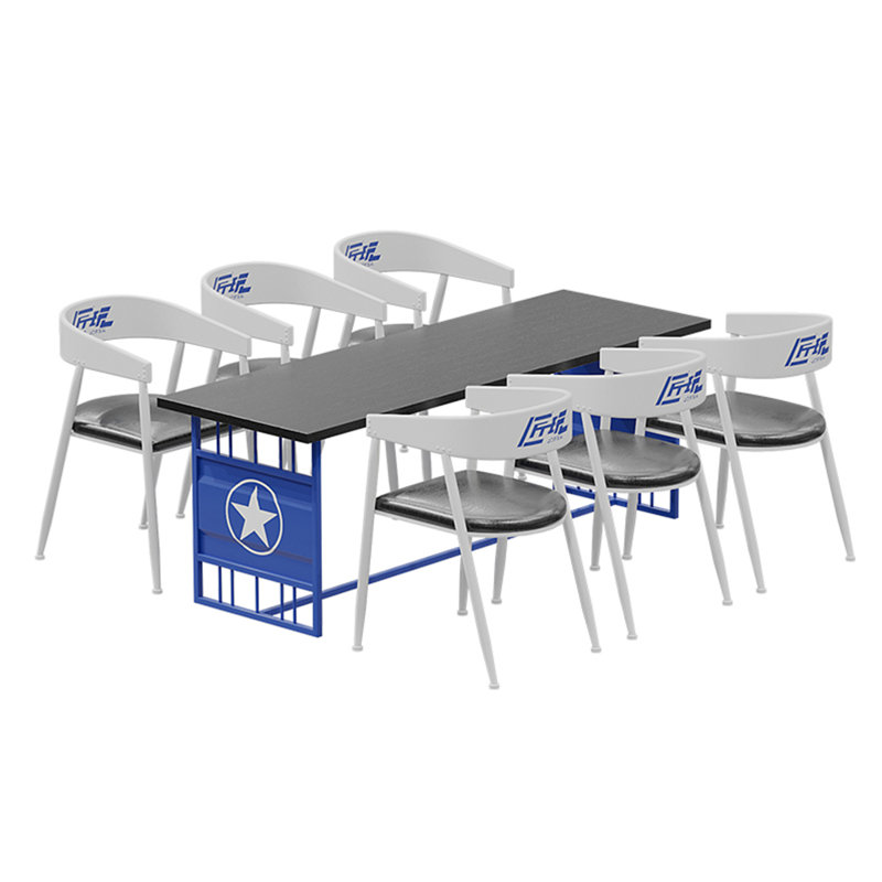 Table et chaises créatives de style industriel, Plateau noir / base bleue, Blanc / noir, 7