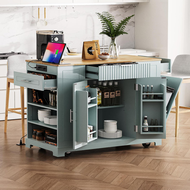 Fluted Kitchen Island with Trash Can Storage Cabinet, Power Outlet, Internal Storage Rack, Rolling Kitchen Islands on 5 Wheels with 3 Drawer, 3 Open Side Racks for 10 Gallon Garbage Bin,Grey Blue