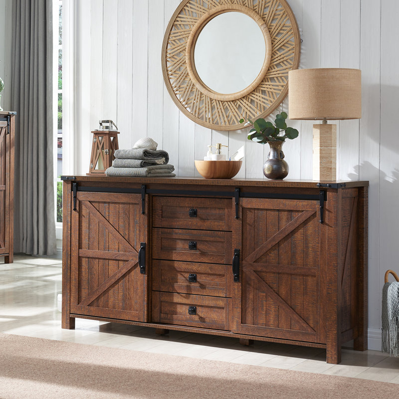 Texola 60" W Farmhouse Chest of Drawers, Wood Bedroom Dresser with 4 Drawers & Sliding Barn Doors, Reclaimed Barnwood