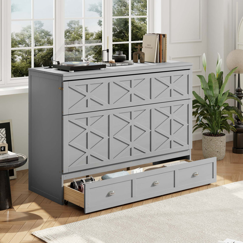 Grand lit escamotable avec grands tiroirs et port USB, Gris