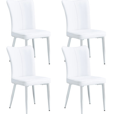4 Dining Chair Group, White Pu Leather Seats, Comfortable Back Support System, Silver Metal Legs Modern Minimalist Office , Leather, Streamlined For