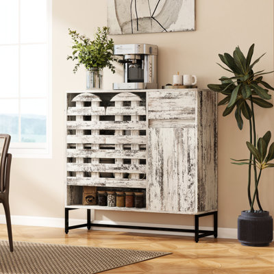 Vintage Rustic 44.3" Coffee Bar Console Table With Doors And Drawer For Living Room, Kitchen - Sideboard Cabinet Storage, Materials Storage Kitchen, Bedroom Open Shelves, Weathered White, Long Lasting