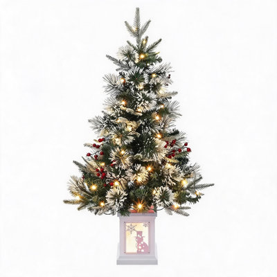 3Ft Holiday Christmas Tree, Snowman Base, Easy Indoor Installation | Artificial Christmas Tree with Timer Function and 78 Led Lights, Snowflake and Red Berry Decorations, Holiday Ready