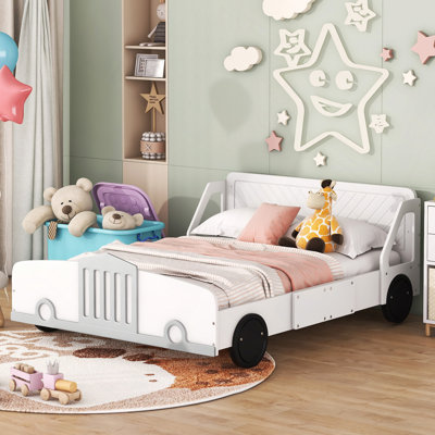 Lit, lit plateforme en forme de voiture avec roulettes, blanc