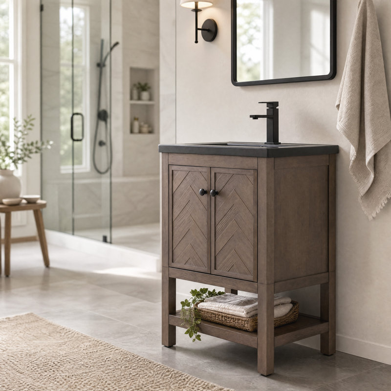 Chazden 24" Freestanding Herringbone Design Single Bathroom Vanity with Ceramic Top, Brown, Matte Black, Black