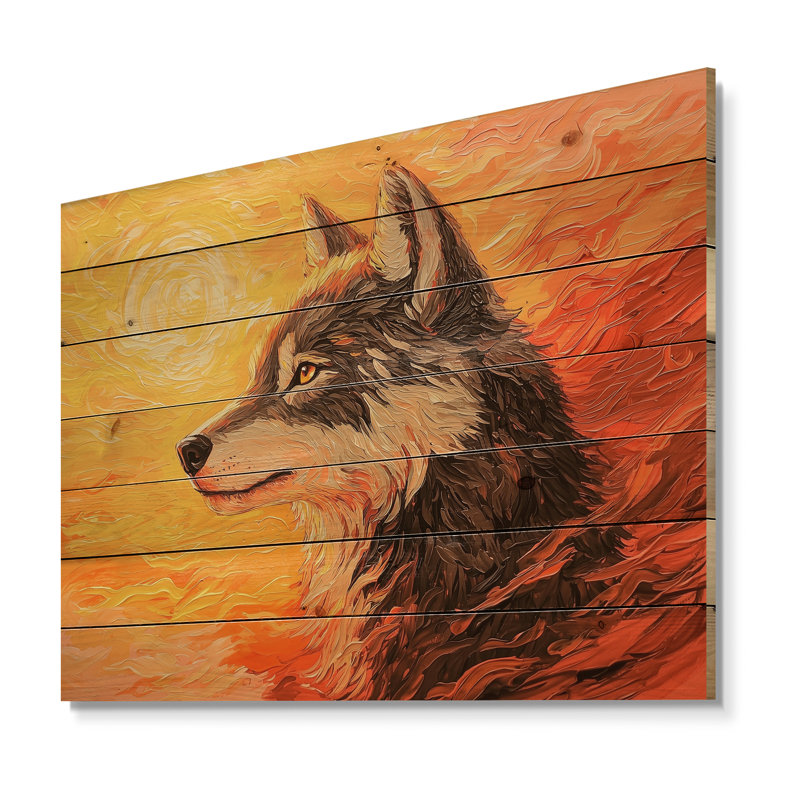 Portrait de loup au coucher du soleil I - Décoration murale moderne en bois sur bois de pin naturel, H 10 po x l 20 po