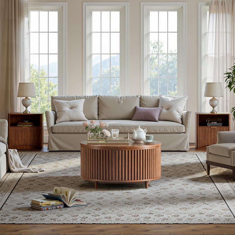 31.5'' Round Coffee Table, Fluted Lift Top Coffee Table With Large Storage, Mid Century Modern Small Center Table For Living Room