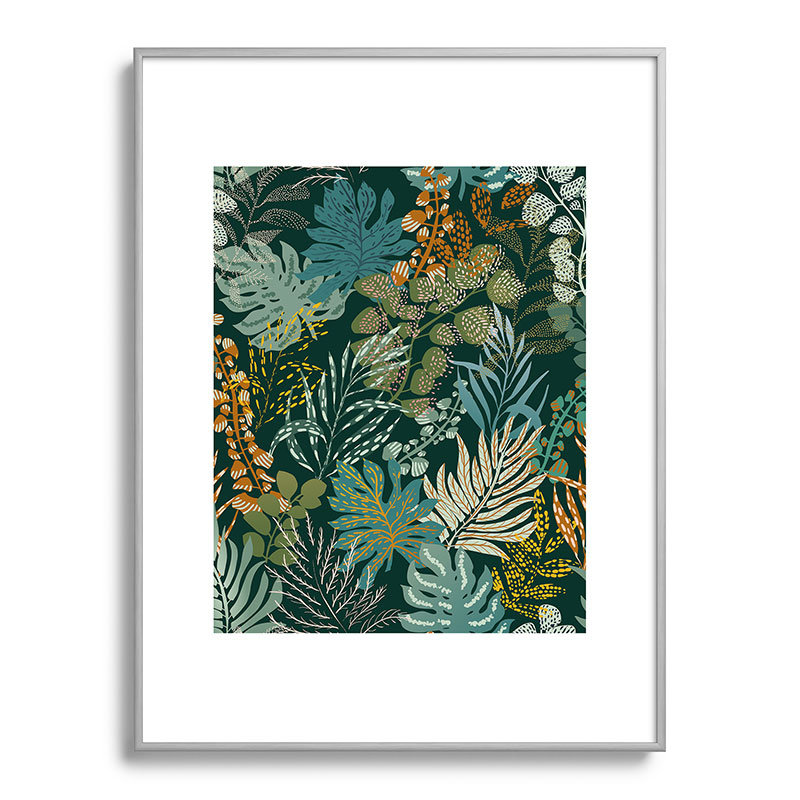DESIGN, impression de nuit encadrée, feuilles tropicales émeraude de Dannick, Cadre métallique argenté