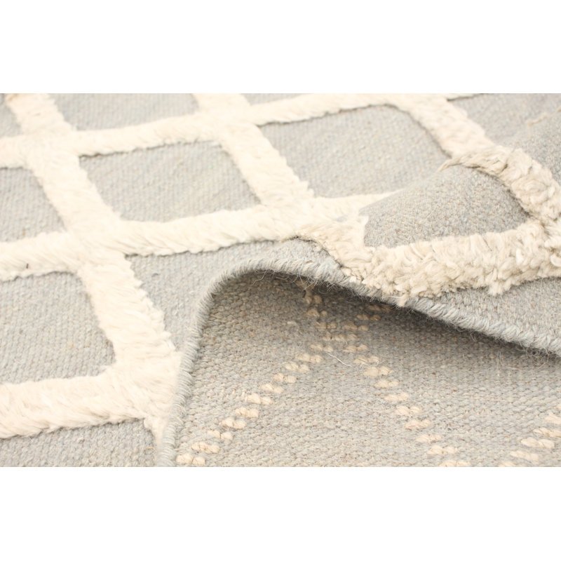 Tapis gris / gris clair en laine fait à la main de conception unique 5 pi x 7 pi 9 po Kilim Phyllida