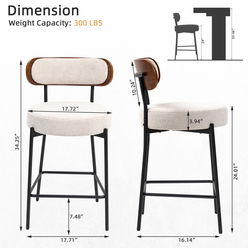 Counter Height Ferrer, 24" Ferrer , Boucle Counter Stools With Back, Boucle Ferrer For Kitchen Island, Dining Room(Set Of 3)