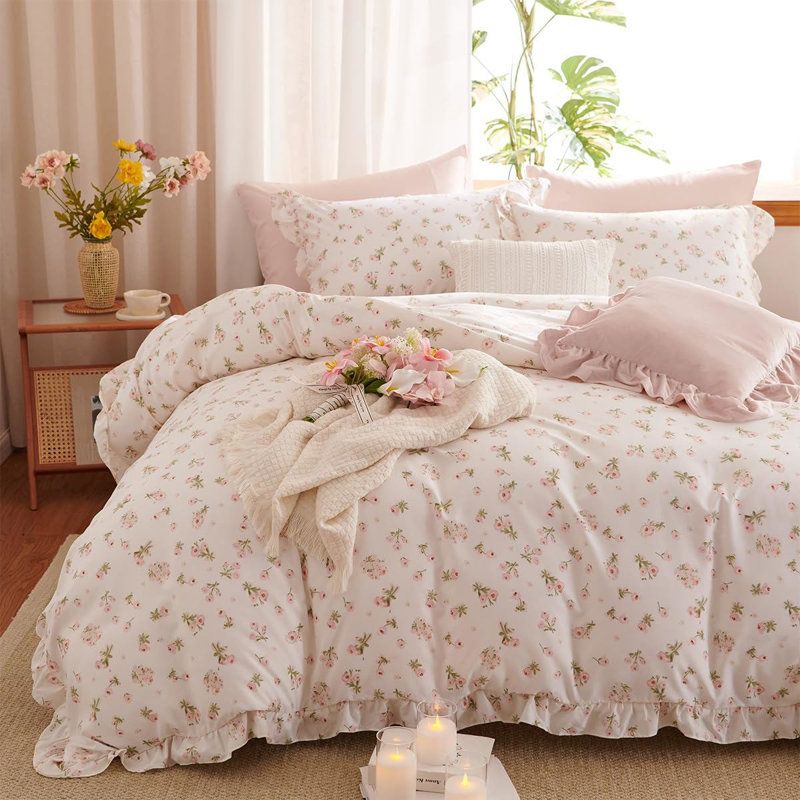 Ensemble de housse de couette à motif floral rose pour femmes avec housse de couette avec fermeture à glissière