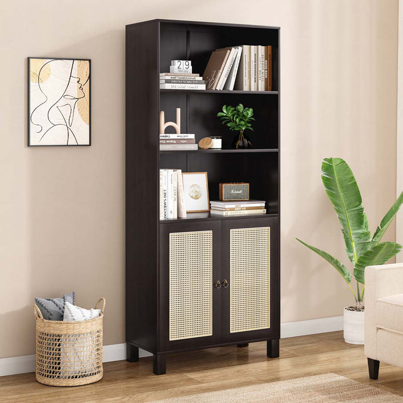 Bookcase with Rattan Doors,5 Tier Storage Wood Shelves, Walnut