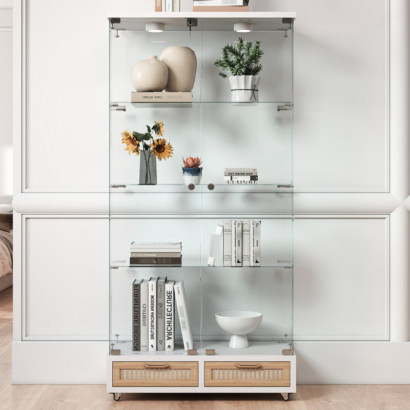 Small - Space 4 Shelf Tempered Glass Cabinet With 13 Colour Led Lighting, Locking Storage And 2 Drawers For Office, Kitchen White Natural Multifunctional Stylish Door Display Lights, Shelves Large