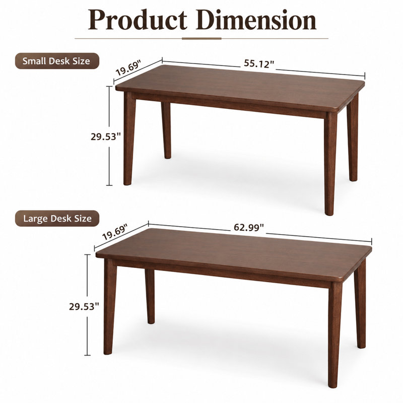 Mid-Century Modern Solid Wood Writing Desk, Home Office Desk with Walnut Finish, L 55 po x P 20 po x H 30 po
