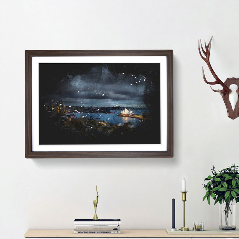 Sydney Skyline at Night - Picture Frame Graphic Art Print, 62cm H x 87cm W x 2cm D, Walnut Framed