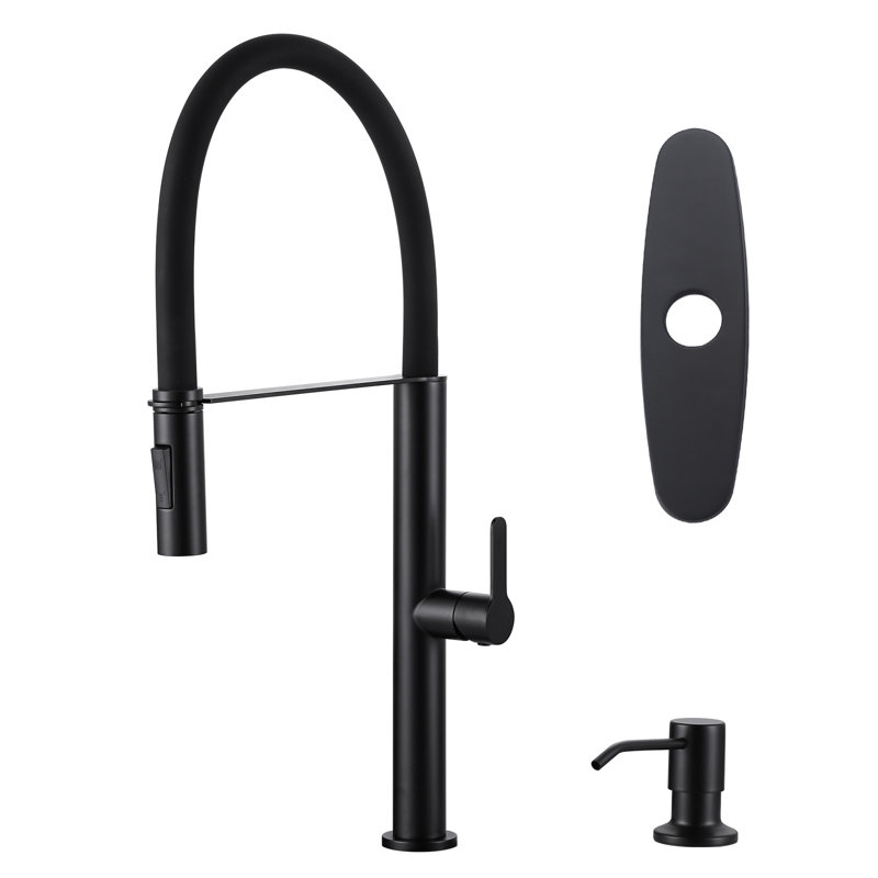 Robinet de cuisine escamotable à 2 fonctions en acier inoxydable avec distributeur de savon 17 oz, Noir mat