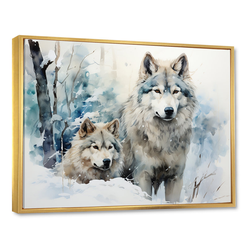 Neige loups en hiver II - loup, art mural, Cadre flottant doré, H 30 po x l 40 po x P 1,5 po