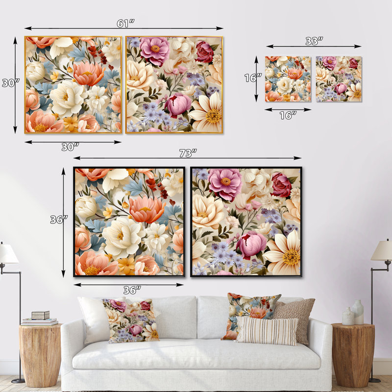 Hallman - Ensemble de 2 collages floraux carrés, Cadre flottant doré, H 30 po x l 61 po