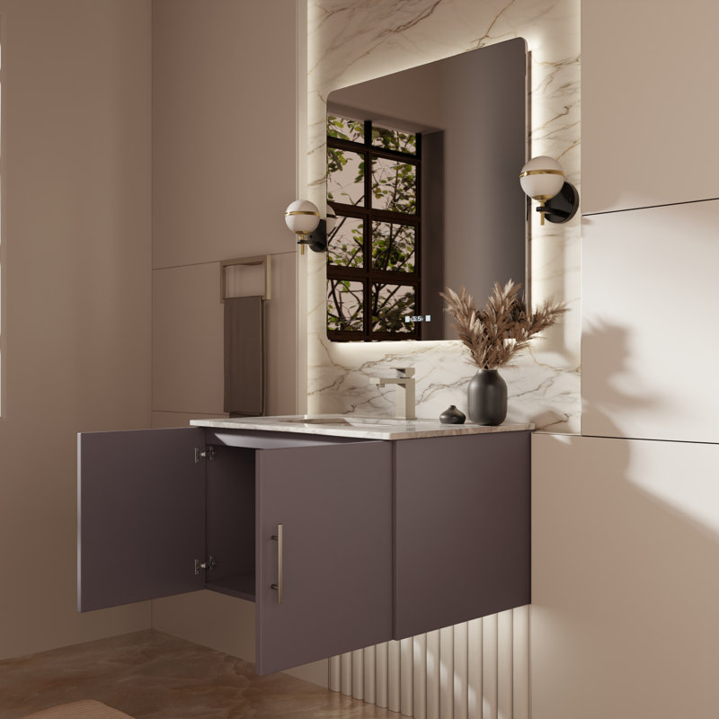 Geneva 30" Wall-Mounted Single Bathroom Vanity Set, Dark Gray, White Carrara Marble