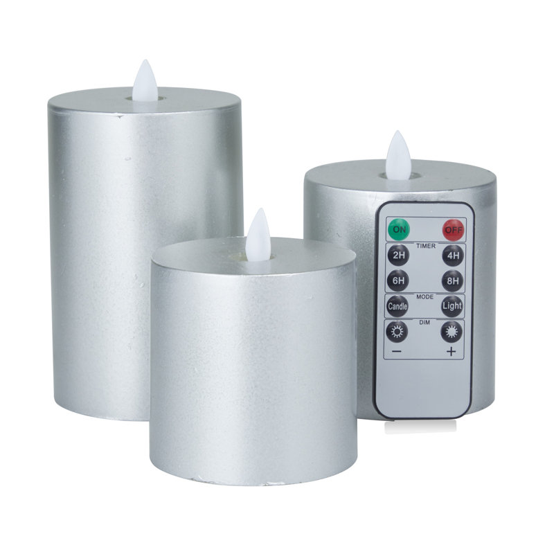 Ensemble de 3 bougies sans flamme Coastal, H 5,5 po x l 3 po / H 4,5 po x l 3 po / H 4 po x l, Argent