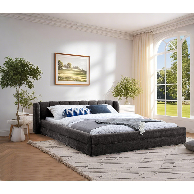 Upholstered Bed Frame with Thick Fabric, Dark Gray