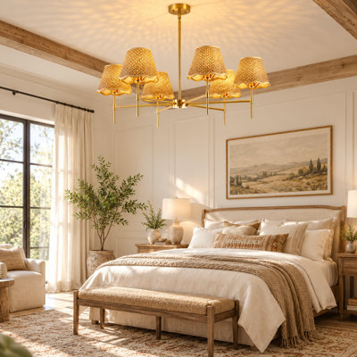 Lustre bohème en rotin doré à 6 lumières, suspension imposante de 95 cm (37,4 po) avec hauteur réglable