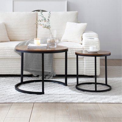 Ensemble de 2 tables basses gigognes à plateau de table rond avec cadre en métal robuste, centre de table, salon, chambre à coucher, appartement, table de chevet simple, industrielle