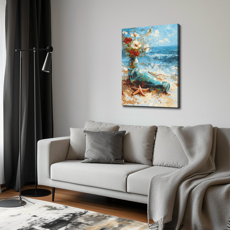 «Coastal Beach Still Life with Glass Bottles, Flowers and Starfish», art mural sur toile tendue, H 30 po x l 20 po