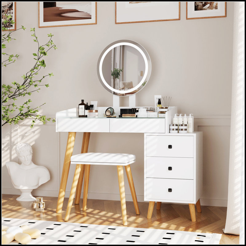 Modern Glass Top Dressing Table With LED Lights, Extendable Side Table, 5 Drawers, Mirror, And Stool For Elegant Bedroom Organization