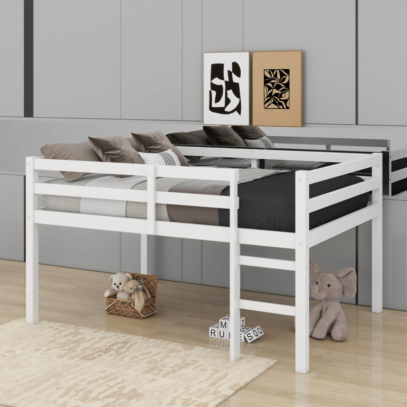 Full Rubber Wood Loft Bed With Ladder, White