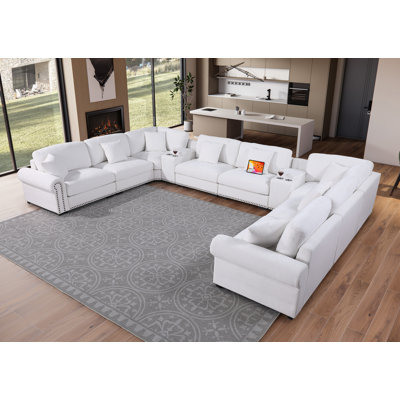 Errett Upholstered 13-piece Cloud Extra Large Corner Couch with Two Consoles, Cup Holder&Storage&USB