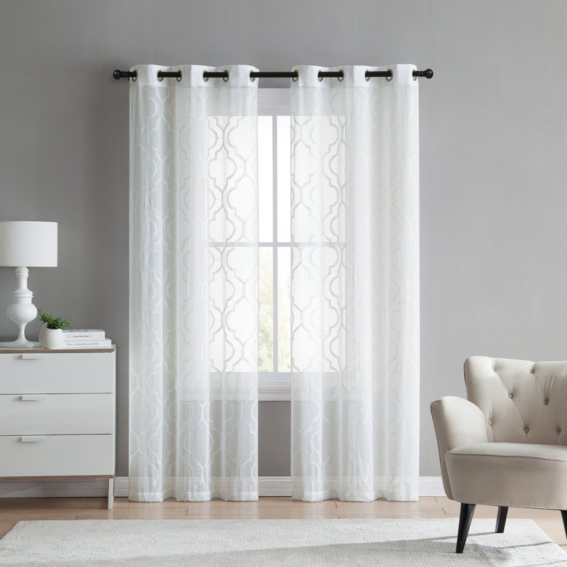 Cariss Geometric Sheer Curtain Panels, White, 38" W x 84" L