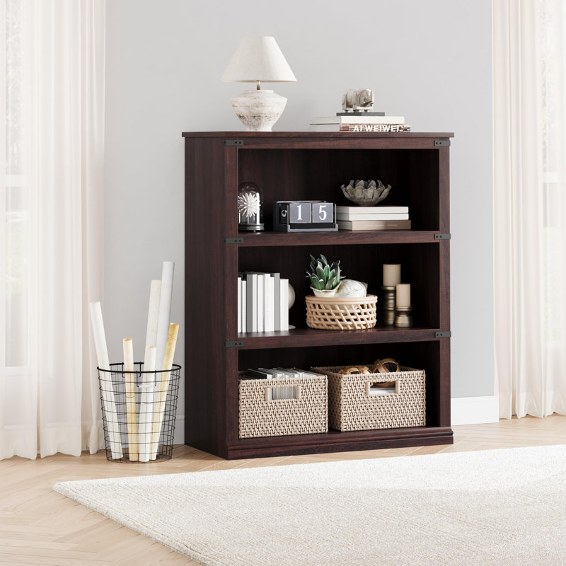 3-Tier Farmhouse Bookcase, Low Wooden Bookshelf with Open Storage Shelves, Cherry