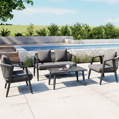 Ensemble de sièges d'extérieur en fer - 2 lits simples, 1 chaise double et table idéale pour les rassemblements dans les jardins avec coussins pour 4 personnes confortables, patio, pelouse, piscine
