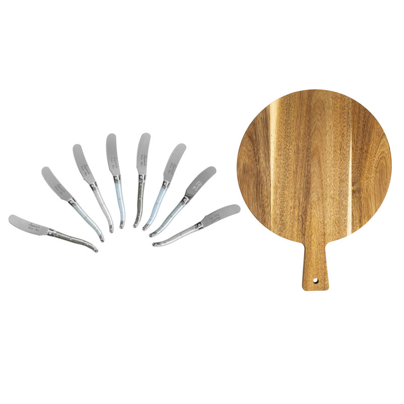 French Home Laguiole Spreaders with Mother of Pearl Handles and Wood Serving Board