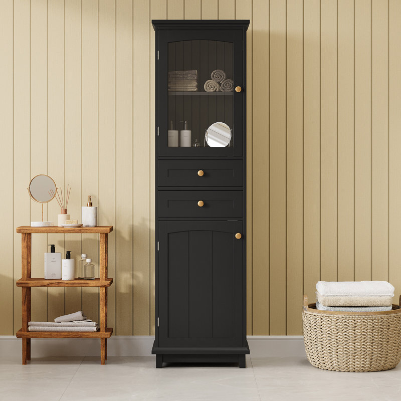 63" Tall Bathroom Storage Cabinet With Glass Doors, Free-Standing, Two Drawers, And Adjustable Shelves, MDF Board, Painted