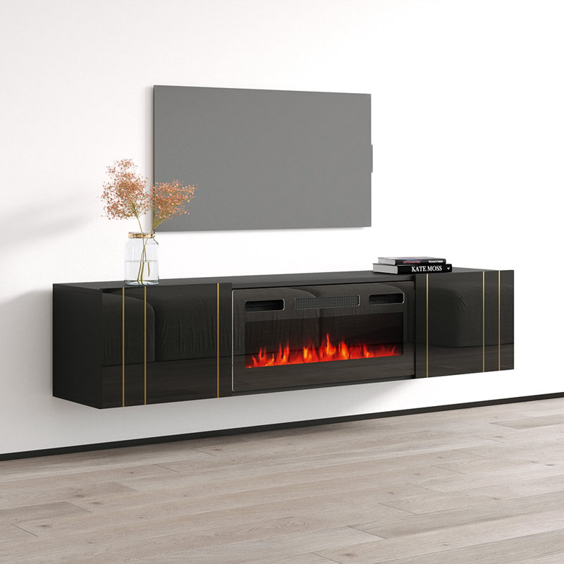 Frobiorn 31.5" Modern TV Stand with Electric Fireplace, High Gloss Finish, Wall-Mounted, Black