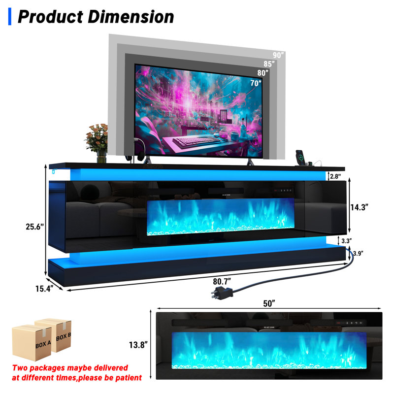 Modern Fireplace Tv Stand With Electric Fireplace – Modern Media Console With Dual Led Lights & Built-In Power Outlet For Tvs Up To 65/75/80 Inch Tvs, High Gloss Gaming Entertainment Center, For Living Room
