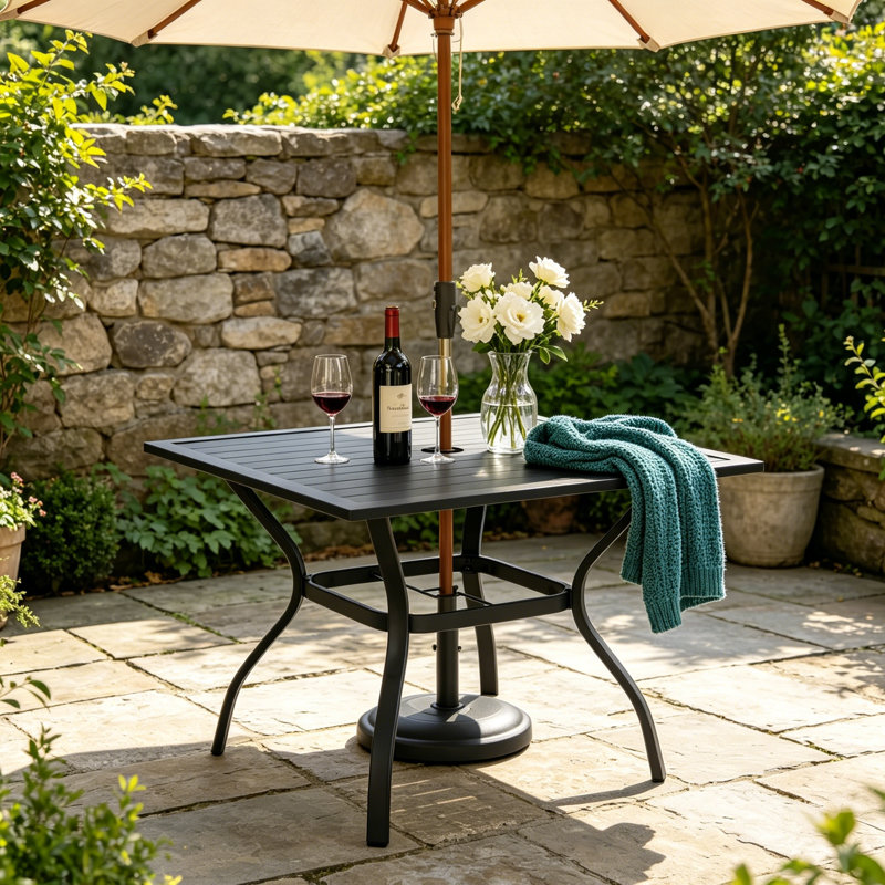 Square Metal Outdoor Dining Table with Umbrella Hole - Slatted Tabletop, Weather-Resistant for Patio, Garden, Backyard