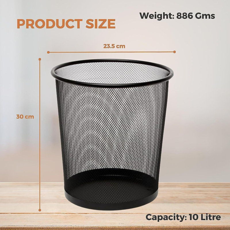 Kilmersdon 10L Round Mesh Bins Black Nonslip Metal Waste Paper Bin Indoor Waste Bin For Home Office