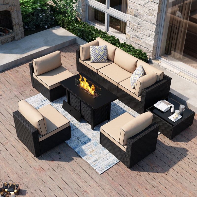 Emanie 6-Person Wicker Outdoor Seating Group with Cushions and Fire Pit, Black, Khaki
