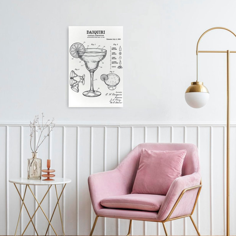 Daiquiri Cocktail Brevet Classic, impression murale rétro, White, 24" H x 16" W