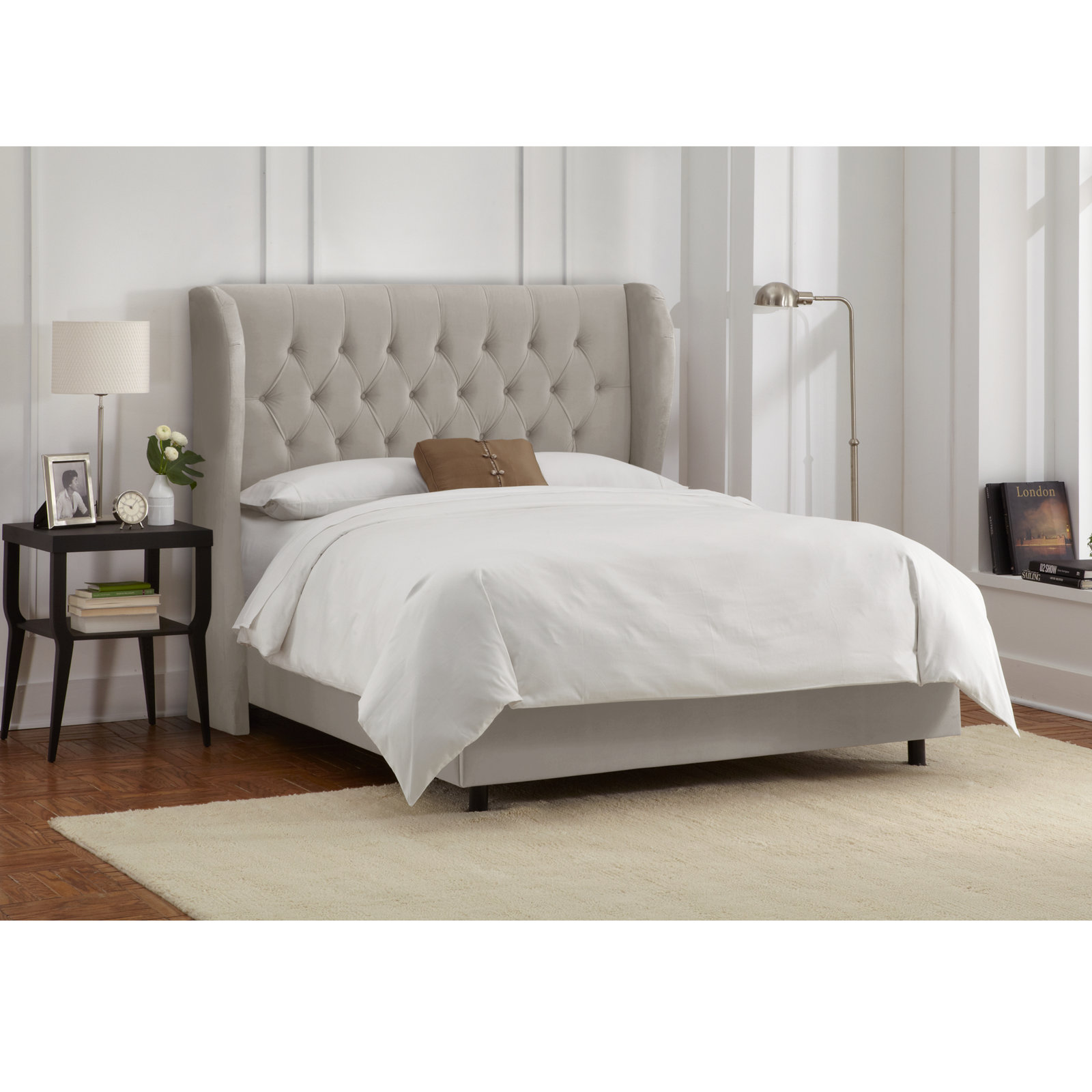Tomey Upholstered Wingback Bed, Bella Light Gray Performance Velvet, Twin