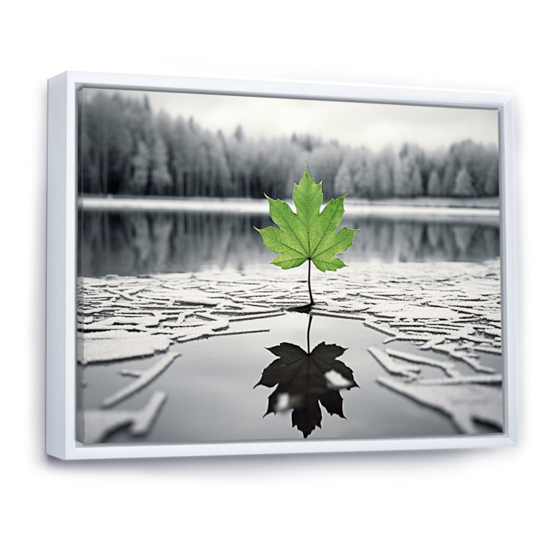 «Green Leaves Solitude In Winter I», H 16 po x l 32 po x P 1 po, Cadre flottant blanc