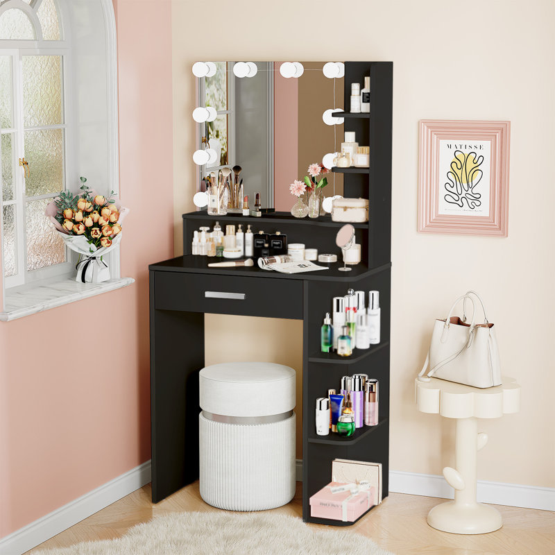 Manufactured Wood Makeup Vanity with LED Mirror and Storage Shelves , Black