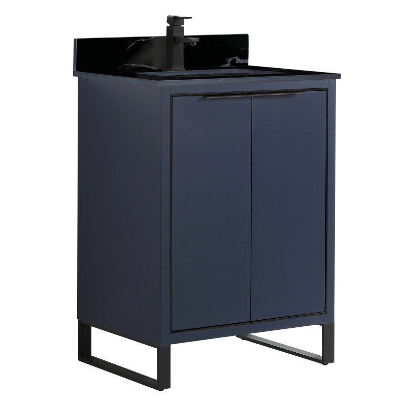 24'' Single Bathroom Vanity with Stone Top, Satin Brass, Navy Blue